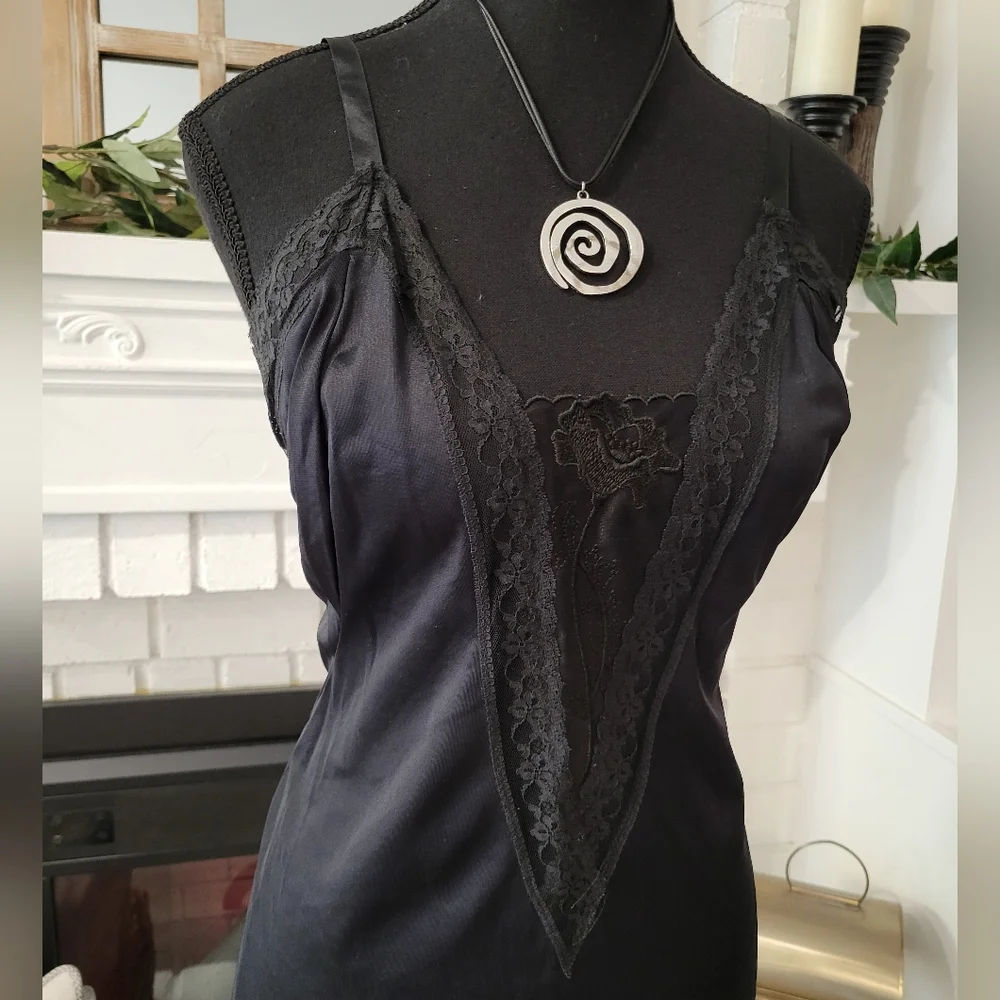Vintage Black Lace-Trim Sheer Slip Midi Dress Size 38 - Picture 2 of 6